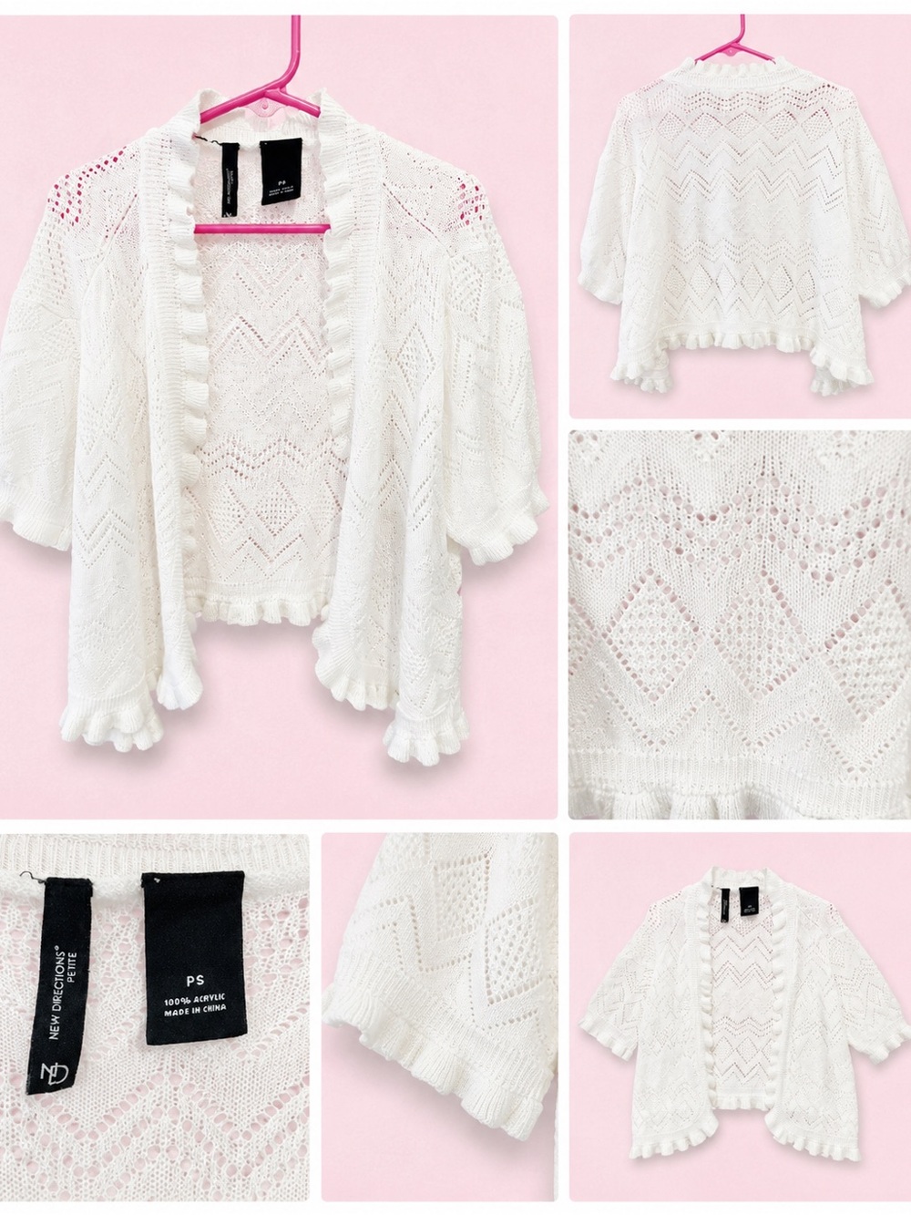new directions White Open-Front Eyelet Knit Ruffle-Trim Cardigan